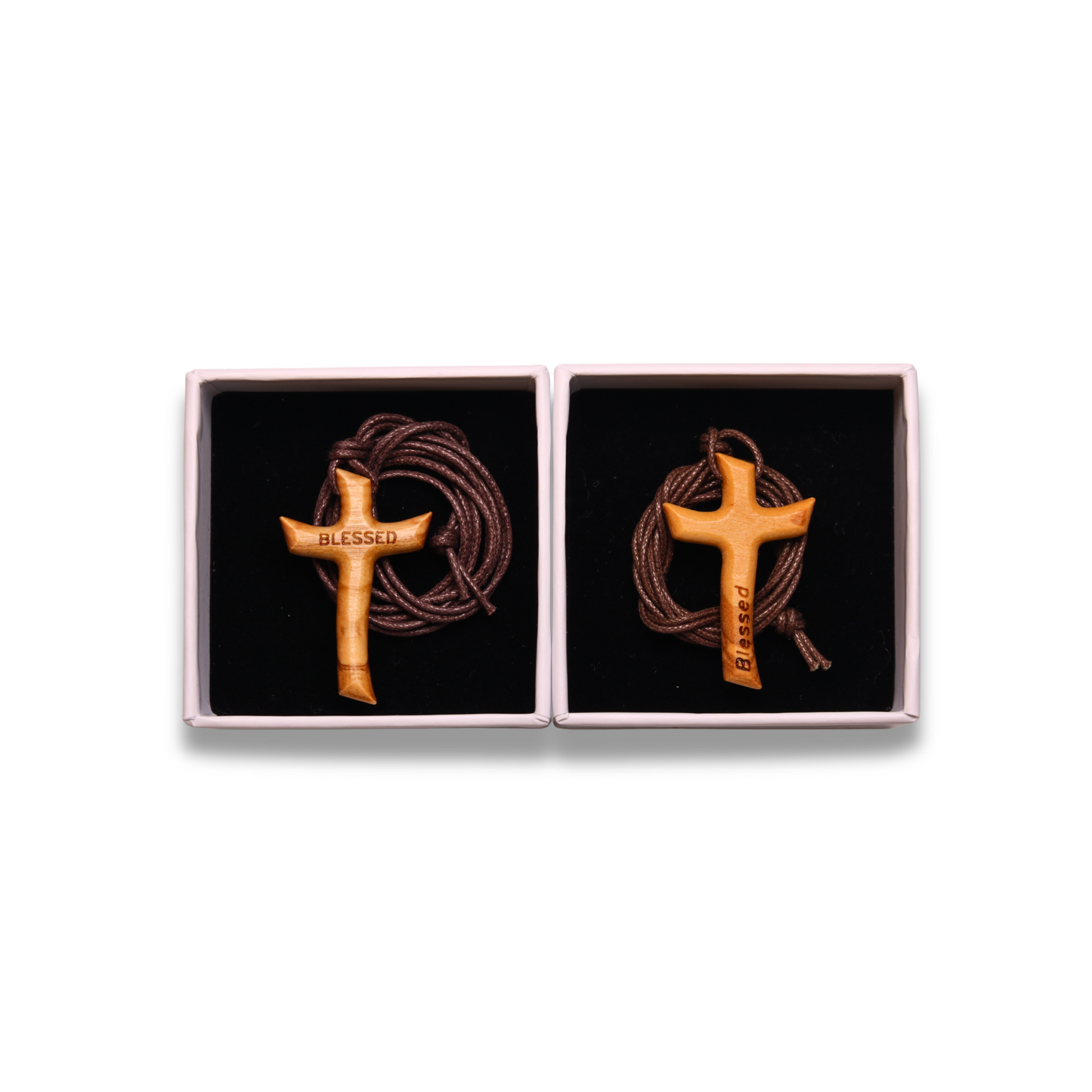 Blessed Olive Wood Cross Necklace in boxes