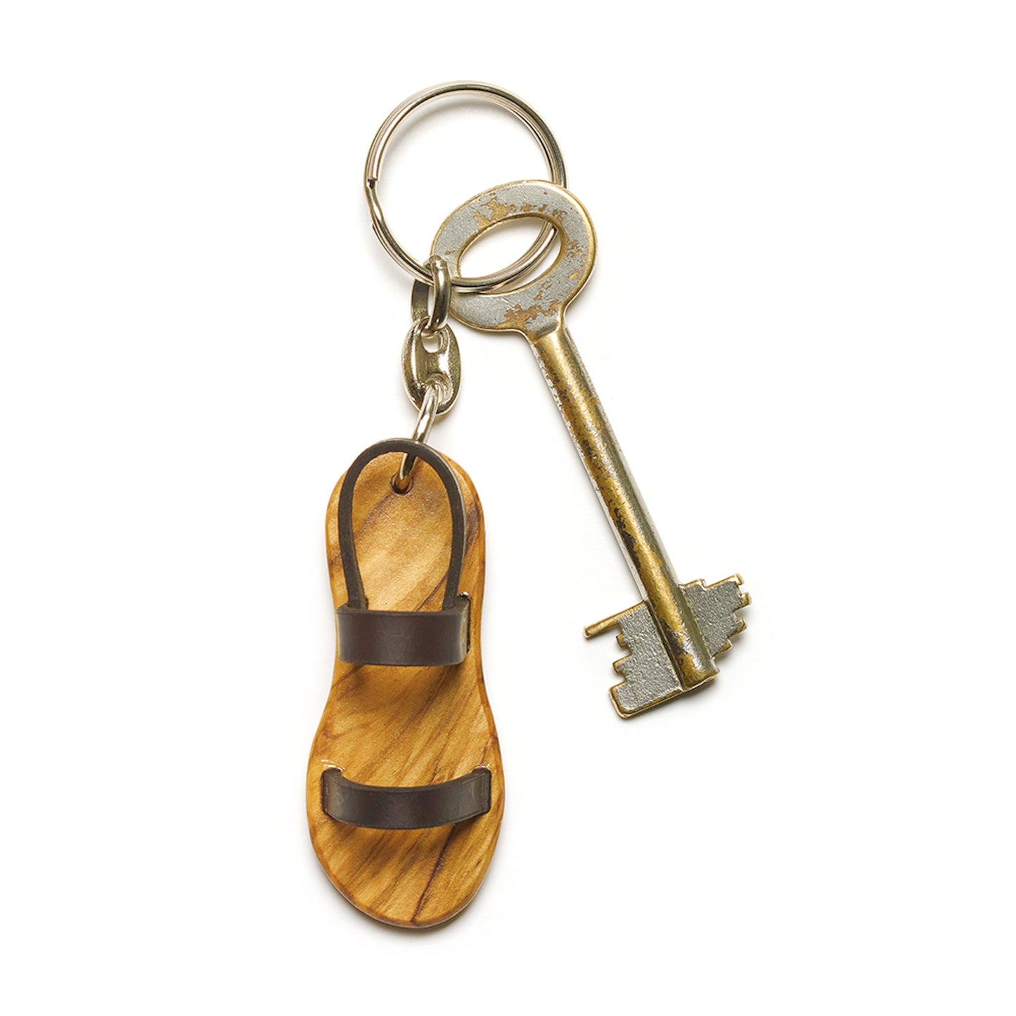 Wooden sandal keychain with leather straps, engraved with Psalm 119:105, symbolizing the pilgrimage of life.