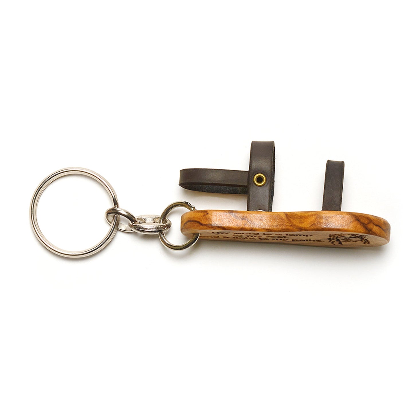 Wooden sandal keychain with leather straps, engraved with Psalm 119:105, symbolizing the pilgrimage of life.