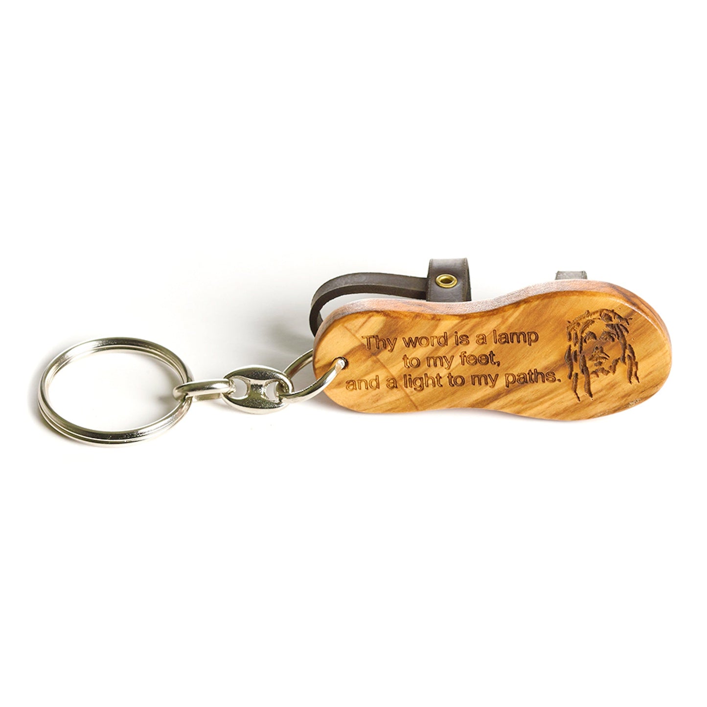 Wooden sandal keychain with leather straps, engraved with Psalm 119:105, symbolizing the pilgrimage of life.