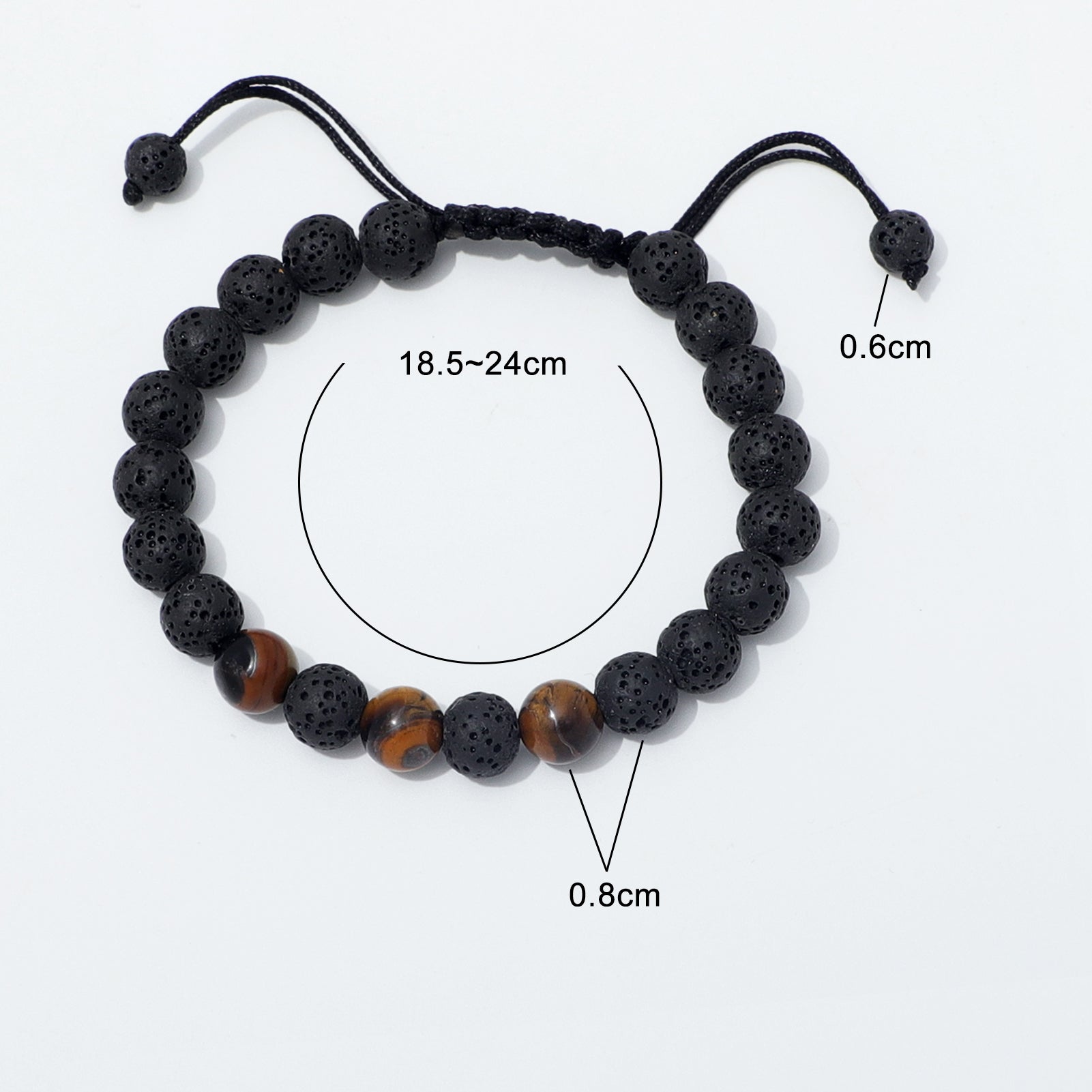Adjustable Lava Stone and Tiger Eye Bracelet with Size and Bead Measurement Diagram