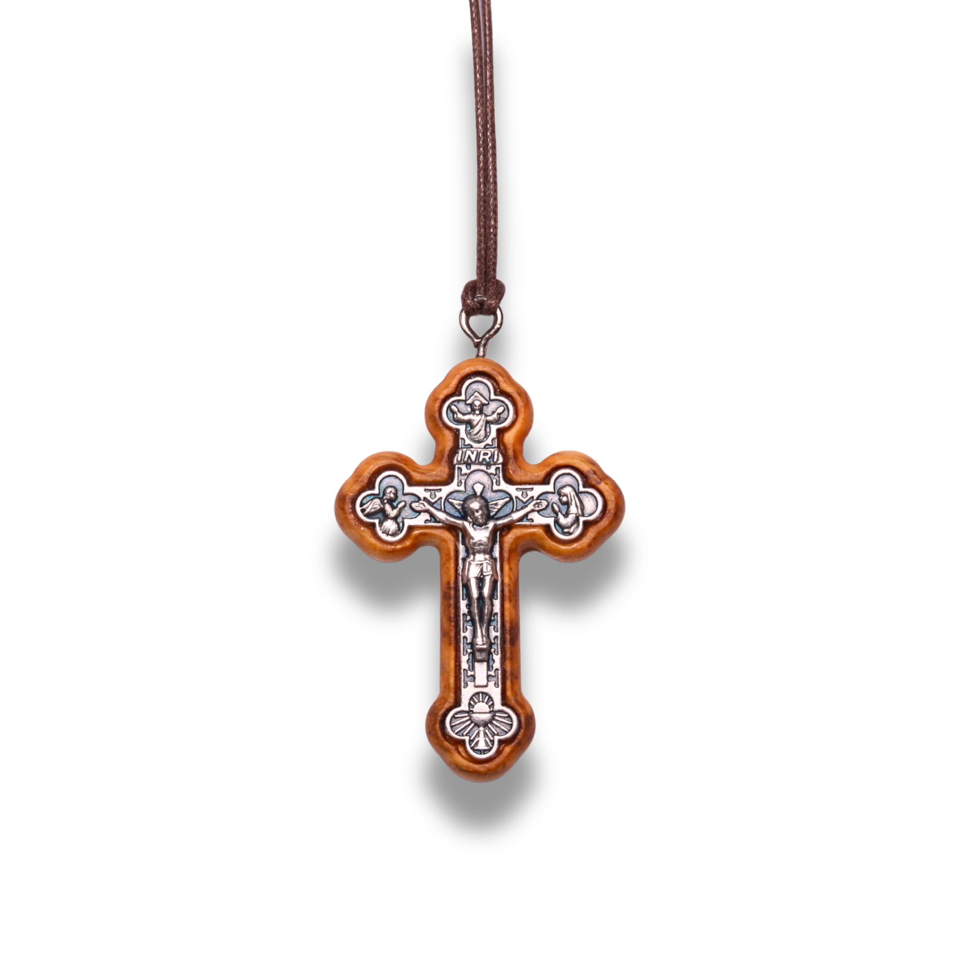 Olive Wood Agape Orthodox Crucifix Necklace Close Up