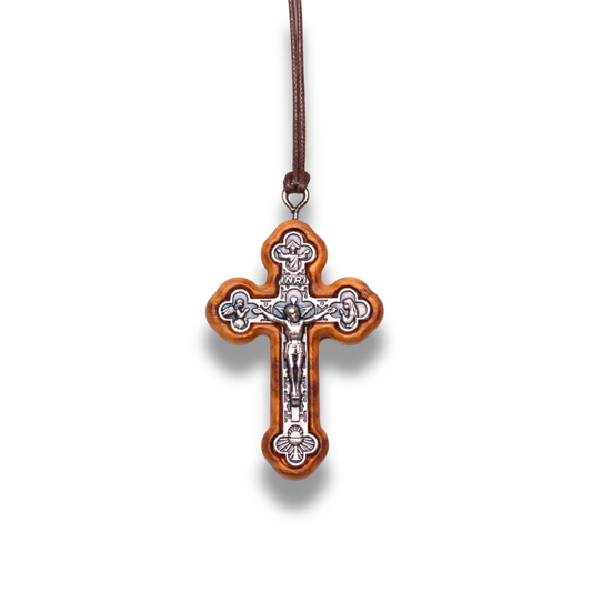 Olive Wood Agape Orthodox Crucifix Necklace Close Up