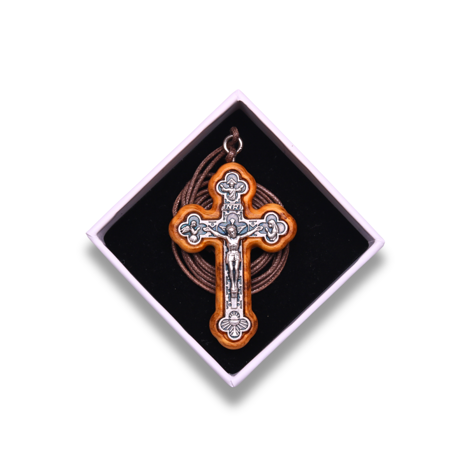 Olive Wood Agape Orthodox Crucifix Necklace In Gift Box