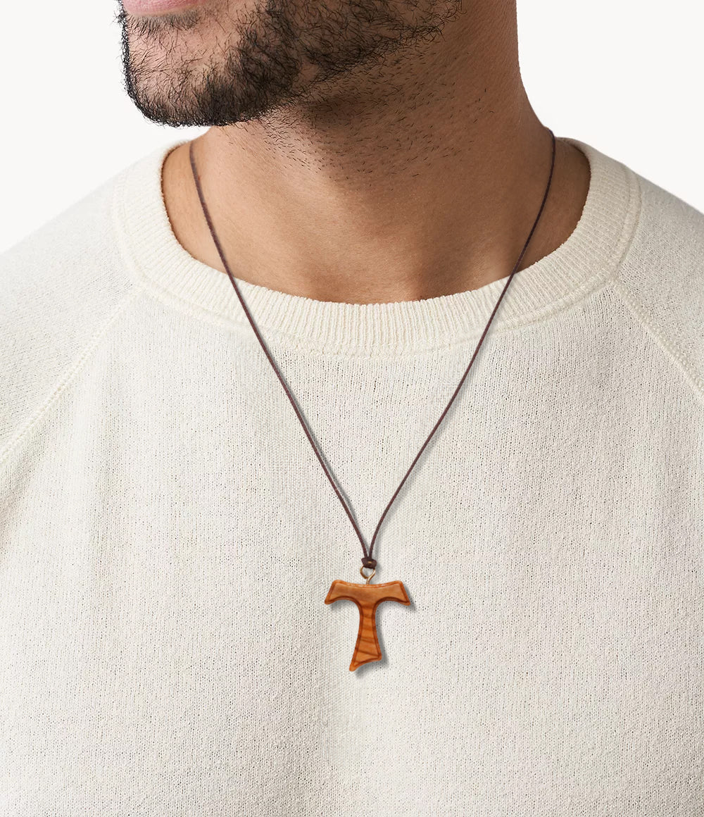 Ancient Whisper Olive Wood Tau Cross Necklace On Man