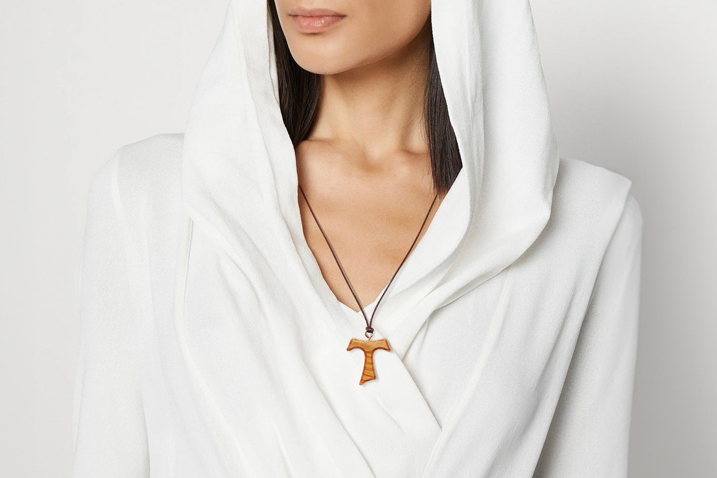 Ancient Whisper Olive Wood Tau Cross Necklace On Woman