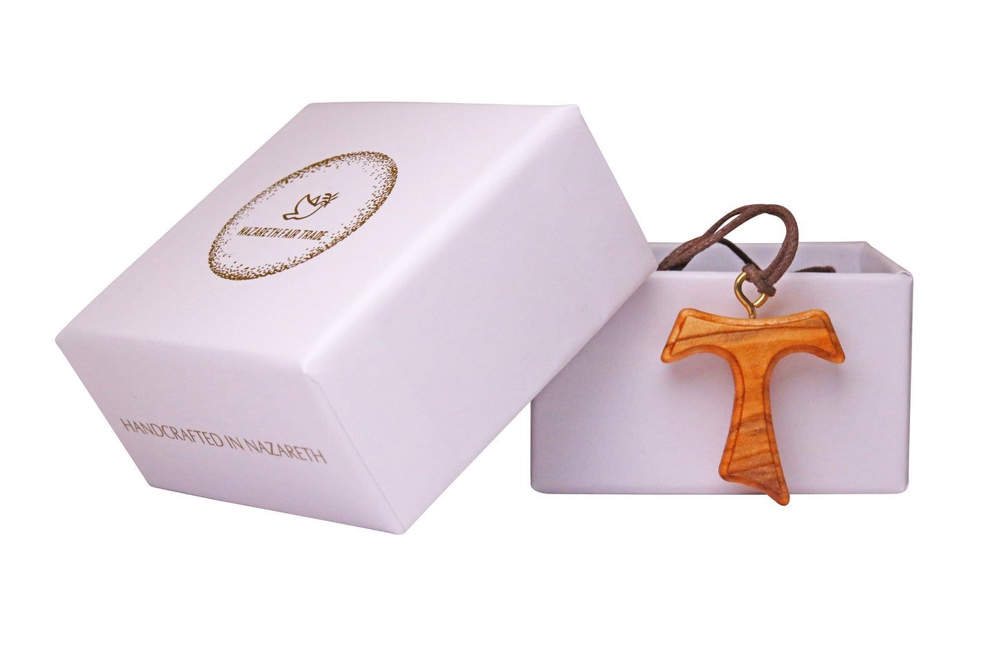 Ancient Whisper Olive Wood Tau Cross Necklace Outside Gift Box