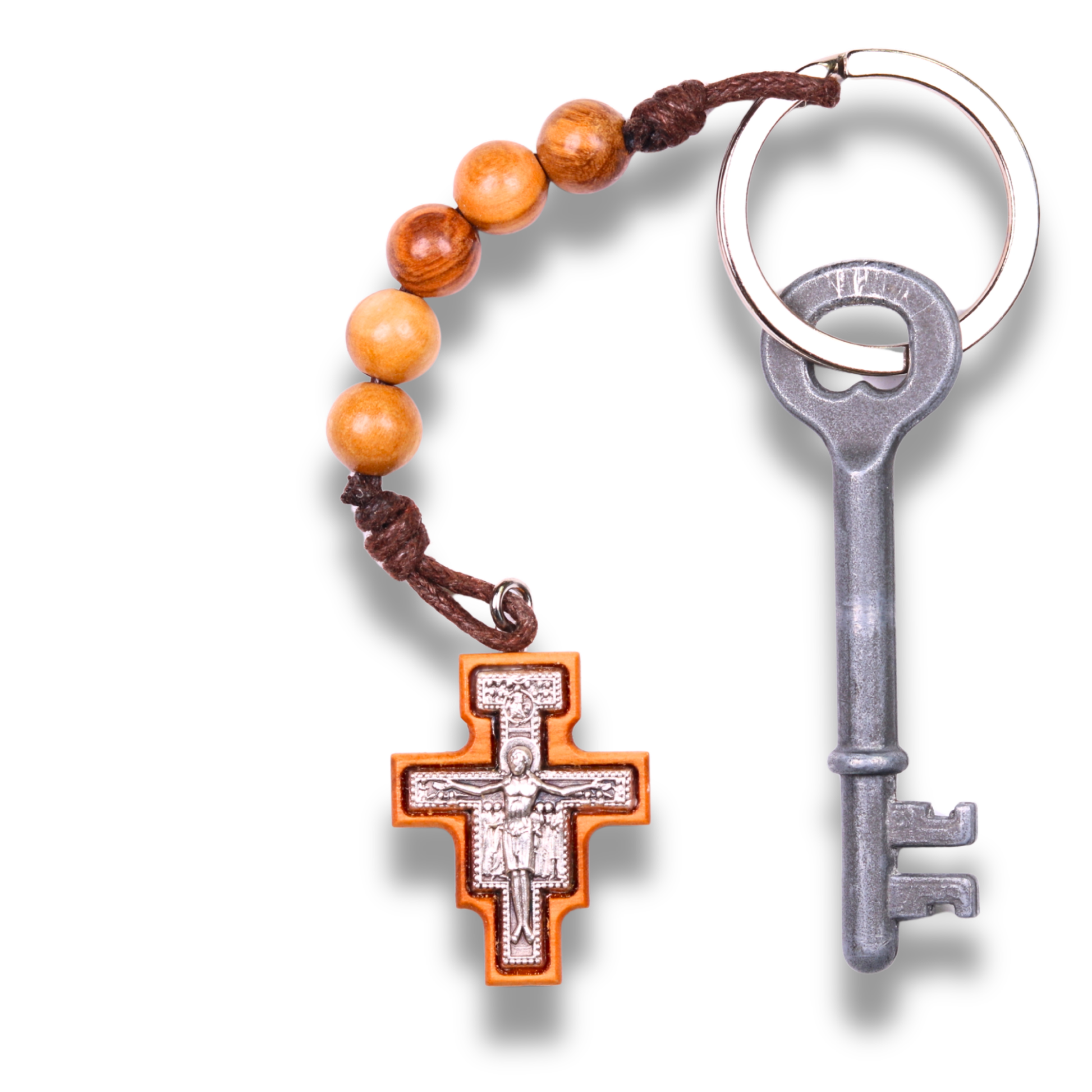 San Damiano Beaded Olive Wood Keychain With Key