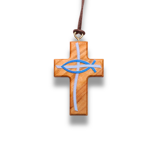 Blue Ichthus Cross Necklace Close Up