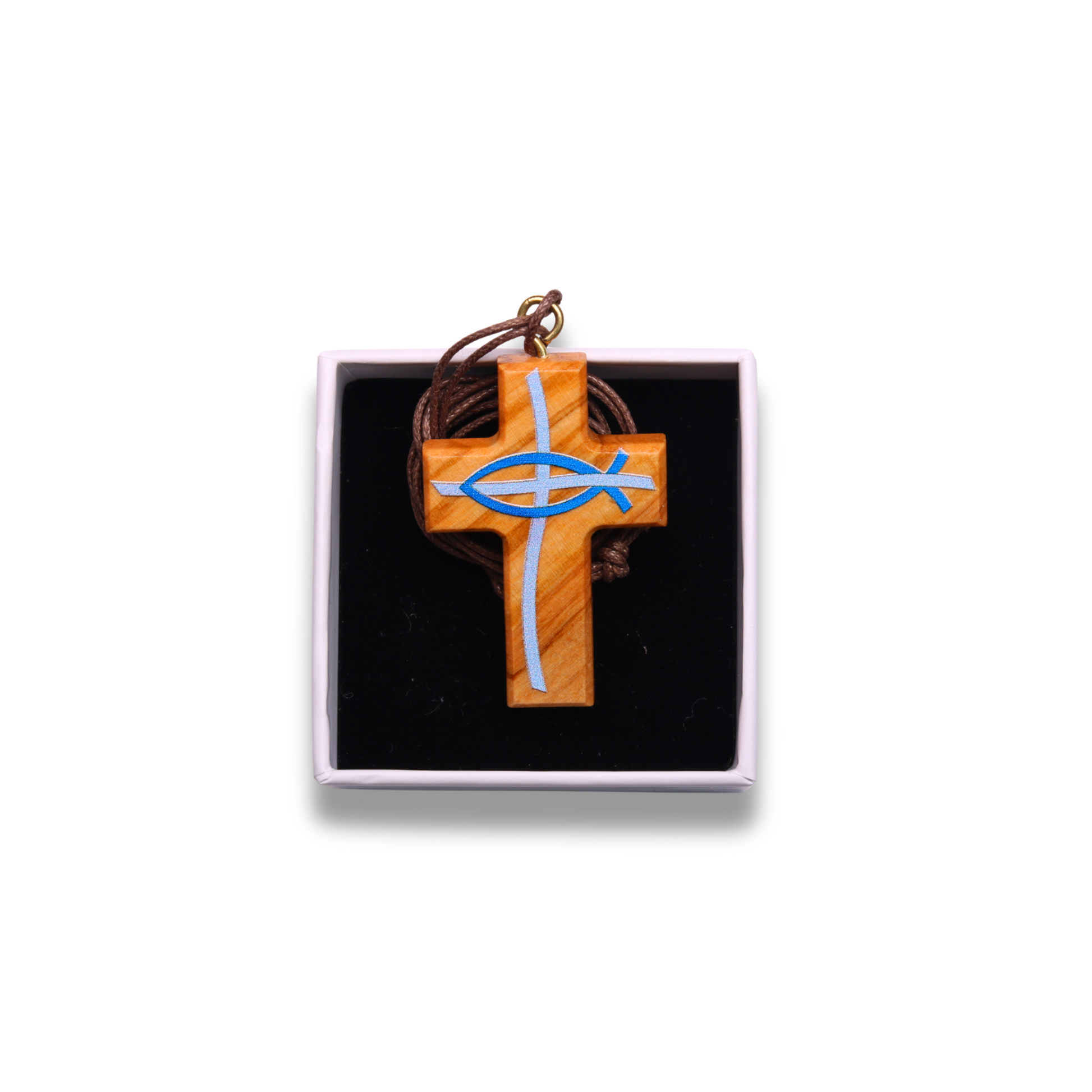 Olive wood cross pendant with blue fish symbol in a black box on a white background