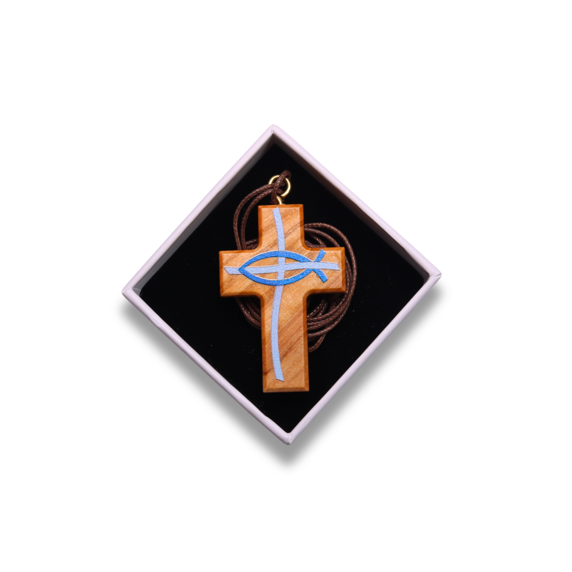Olive wood cross pendant with blue fish symbol in a black box on a white background