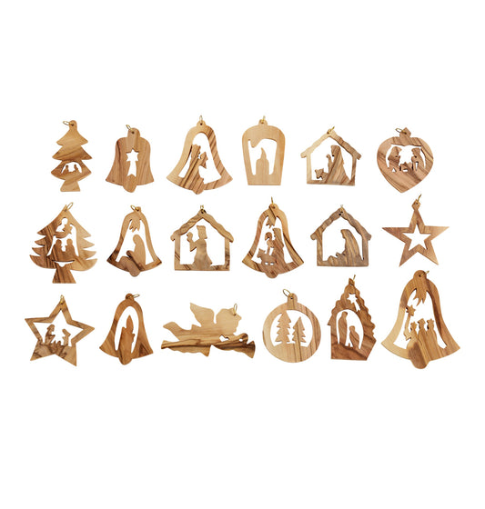 A set of 18 intricately carved olive wood Christmas ornaments, including various designs such as Christmas trees, bells, angels, stars, doves, and Nativity scenes. Each piece features detailed cut-outs and is crafted by Christian families from the Holy Land, reflecting both the festive spirit of the season and the artisans' cultural heritage. The ornaments are displayed against a white background, showcasing the natural grain of the wood.