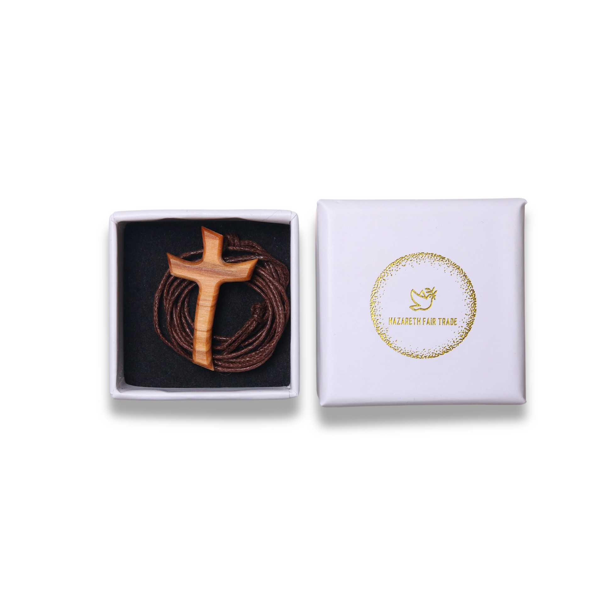 Olive wood cross necklace in a white box with a gold logo on a white background