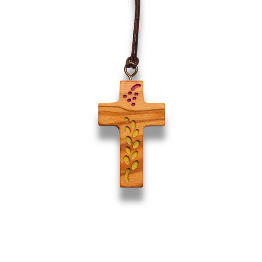 Communion Olive Wood Cross Necklace Close Up