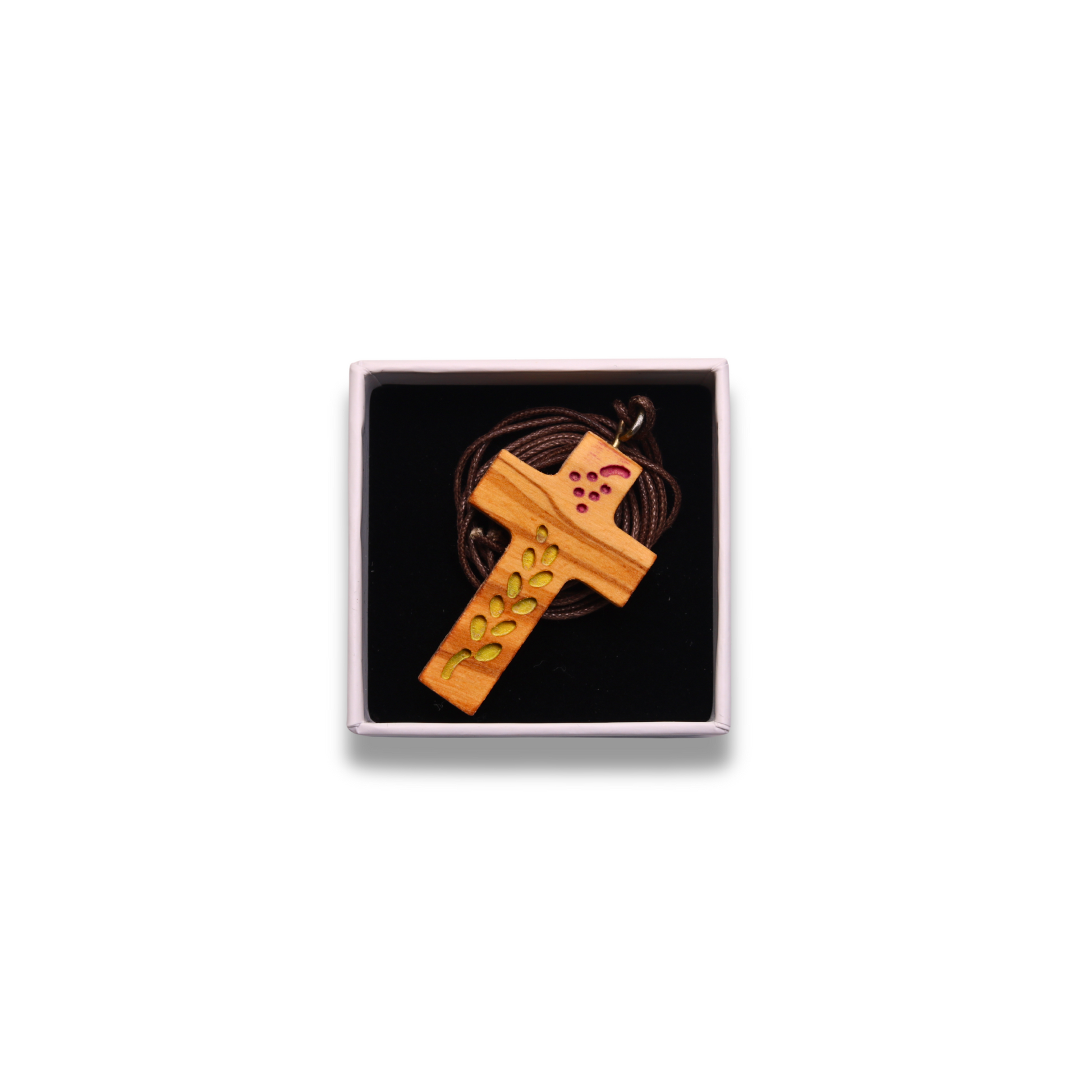 Communion Olive Wood Cross Necklace Close Up in gift box