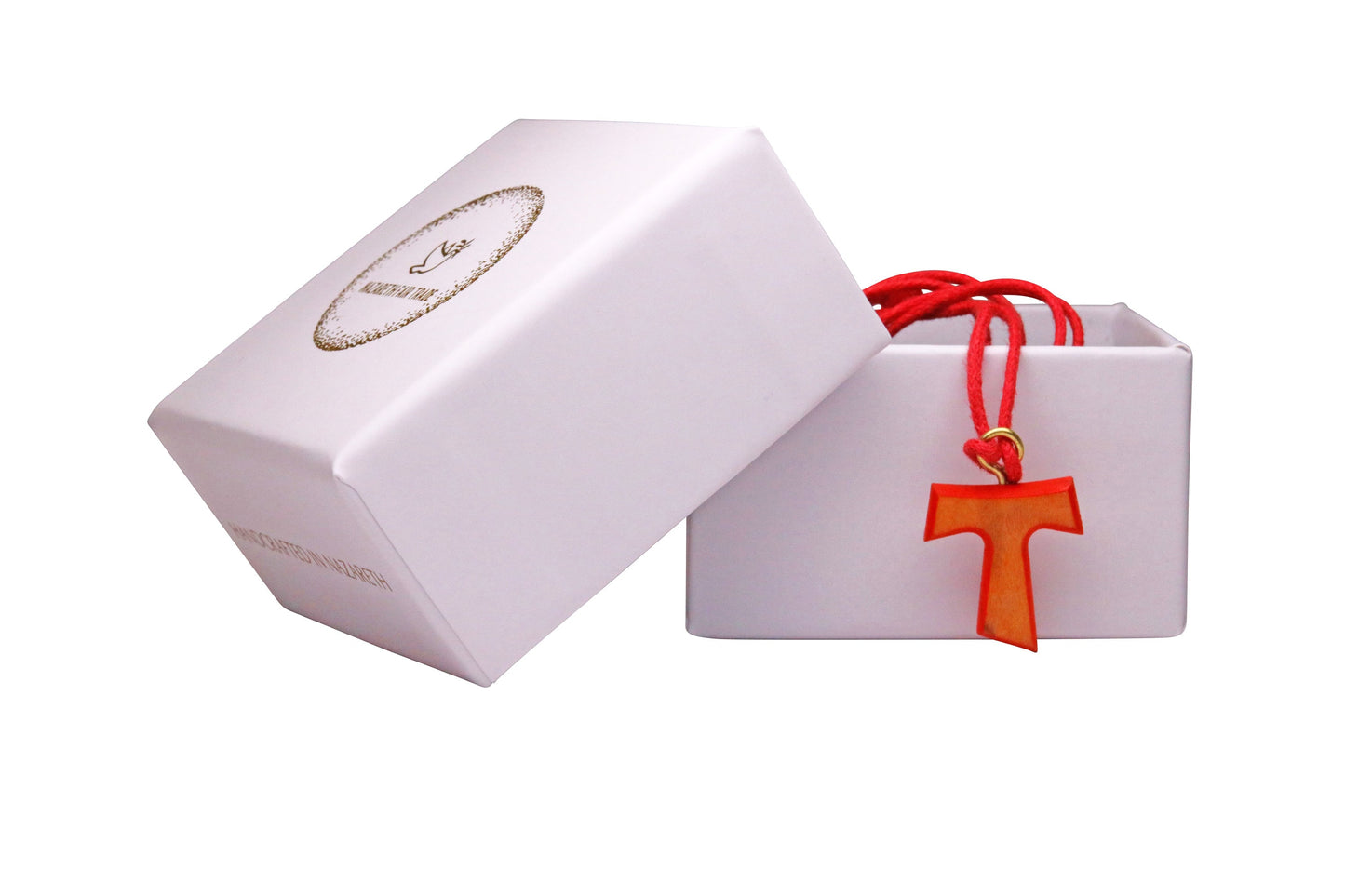 Crimson Love Olive Wood Tau Cross Necklace Outside Gift Box
