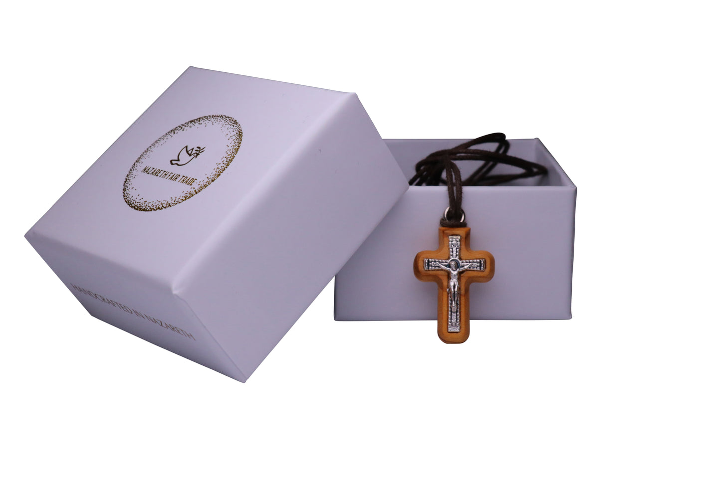 Divine Harmony Olive Wood Crucifix Necklace Outside Gift Box