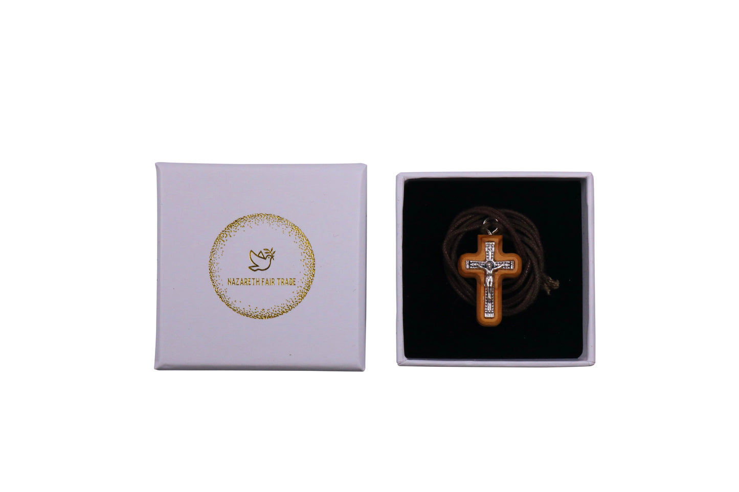 Divine Harmony Olive Wood Crucifix Necklace in Gift Box