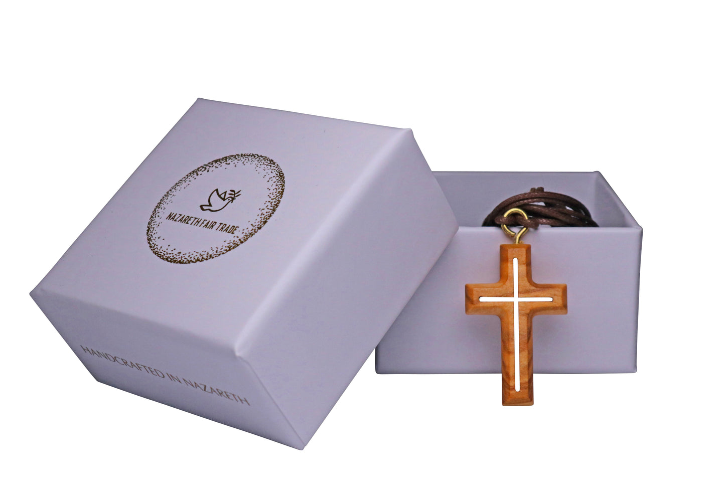 Dual Essence Olive Wood Cross Necklace Outside Gift Box