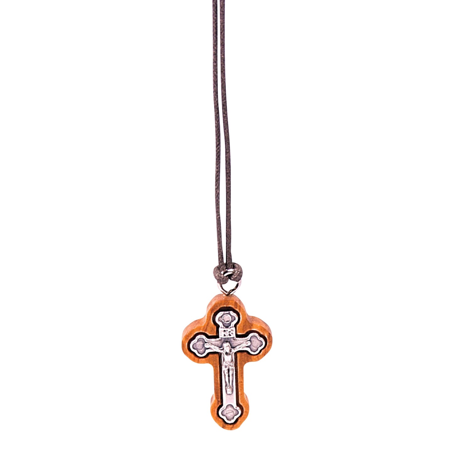 Elegant Embrace Olive Wood Crucifix Necklace Cose Up