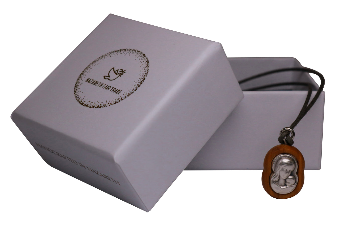 Embrace of Grace Virgin Mary & Jesus Olive Wood Necklace Outside Gift Box