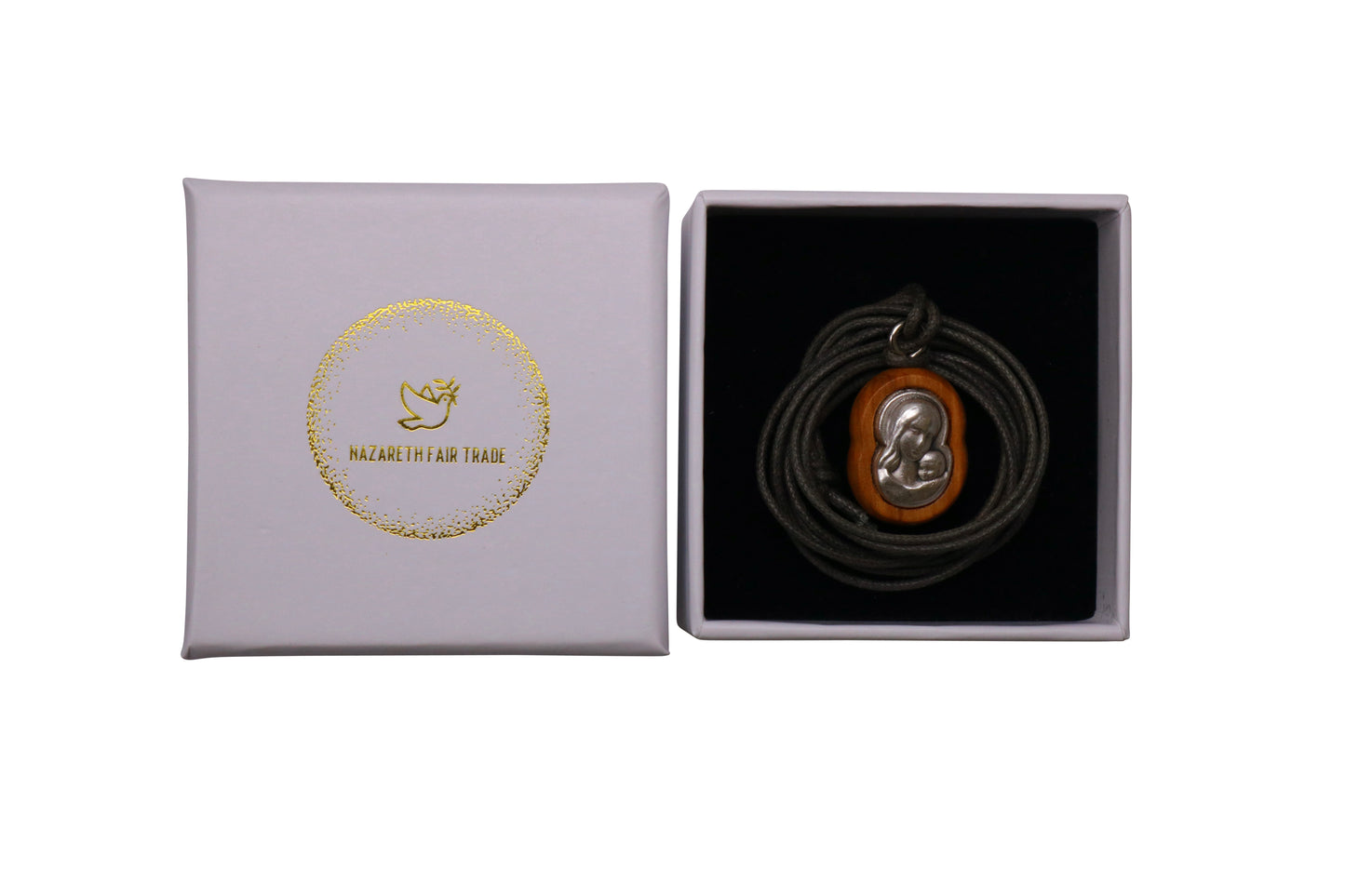 Embrace of Grace Virgin Mary & Jesus Olive Wood Necklace in Gift Box