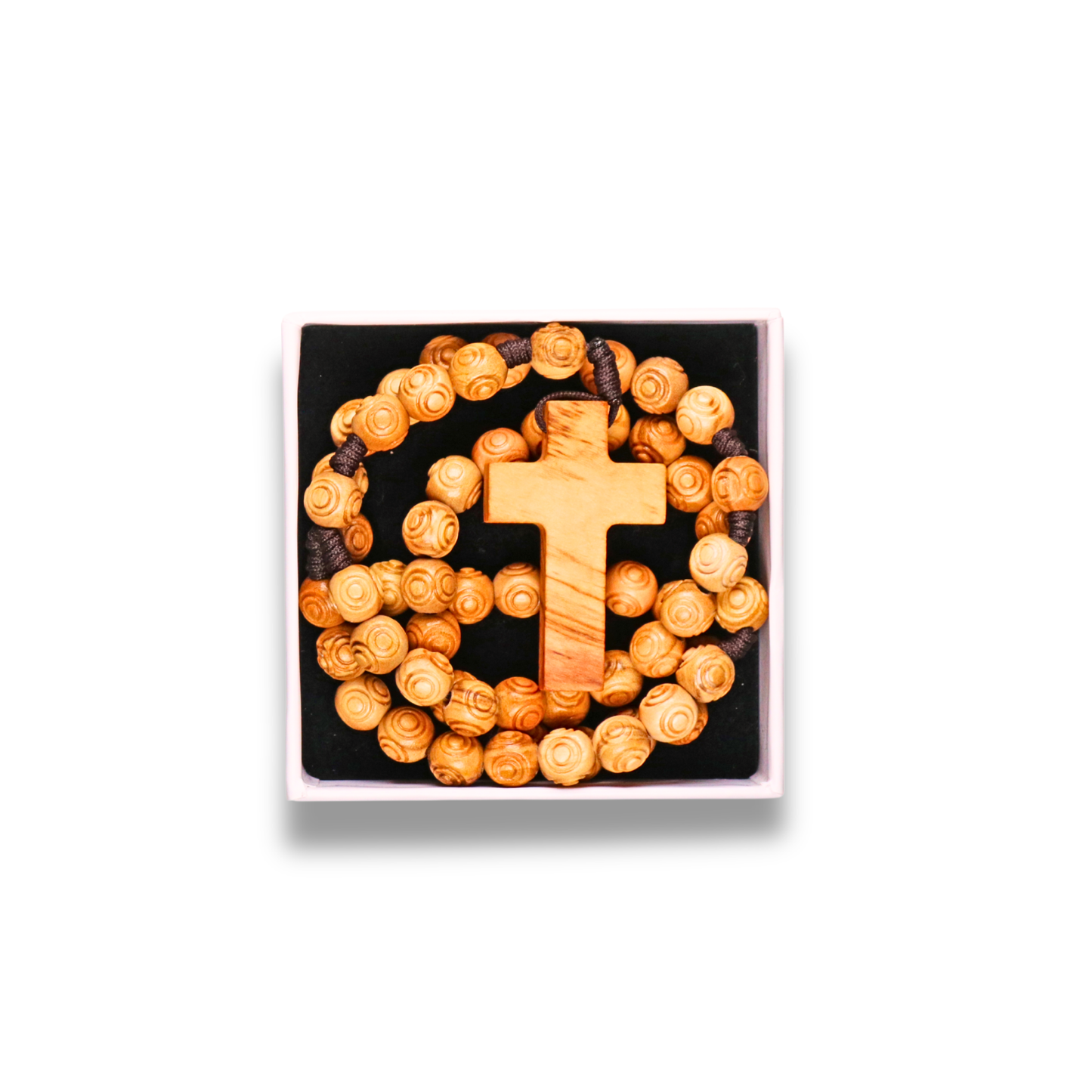 Engraved Olive Wood Rosary Necklace In Gift Box