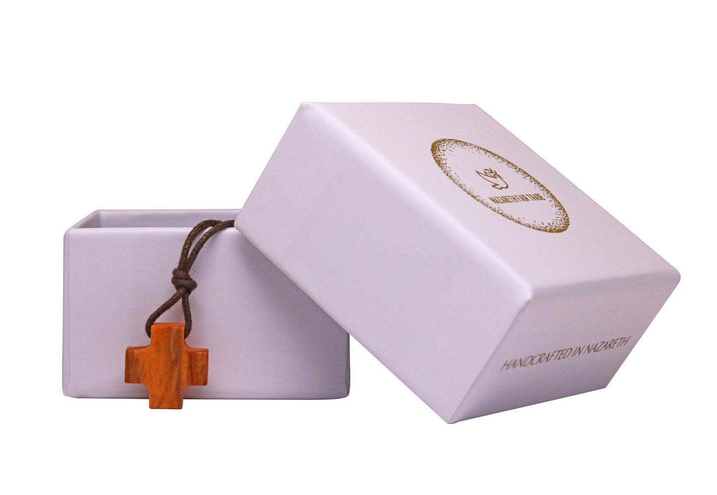 Equilibrium Olive Wood Greek Cross Necklace Outside Gift Box