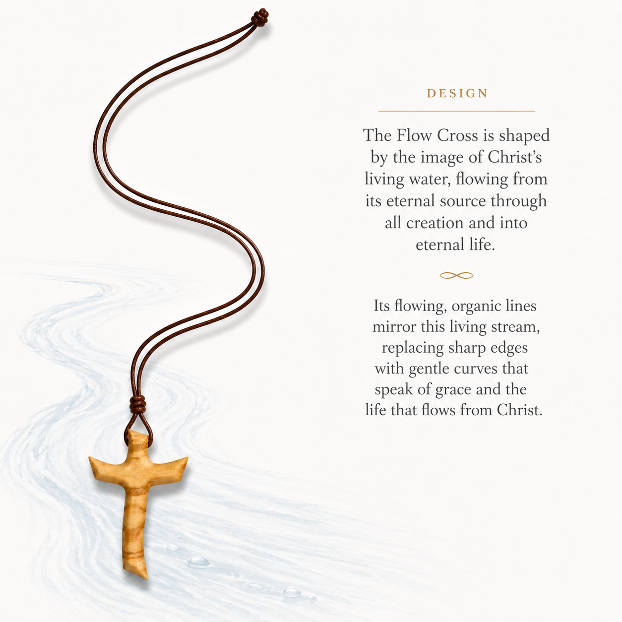 Wooden cross necklace with brown cord on a white background with text about its design.