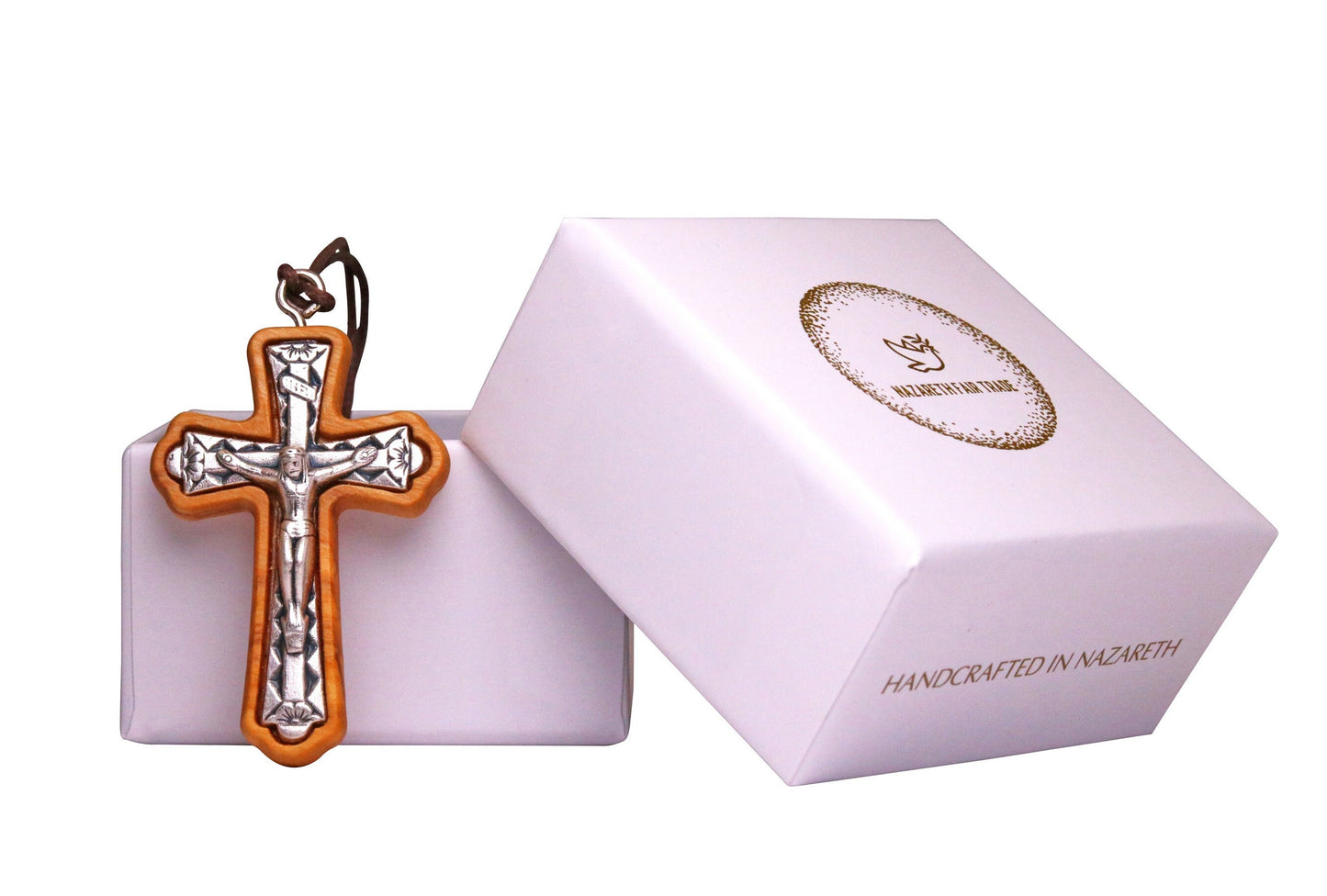Flared Metal Crucifix in Olive Wood Frame Necklace Outside Gift Box