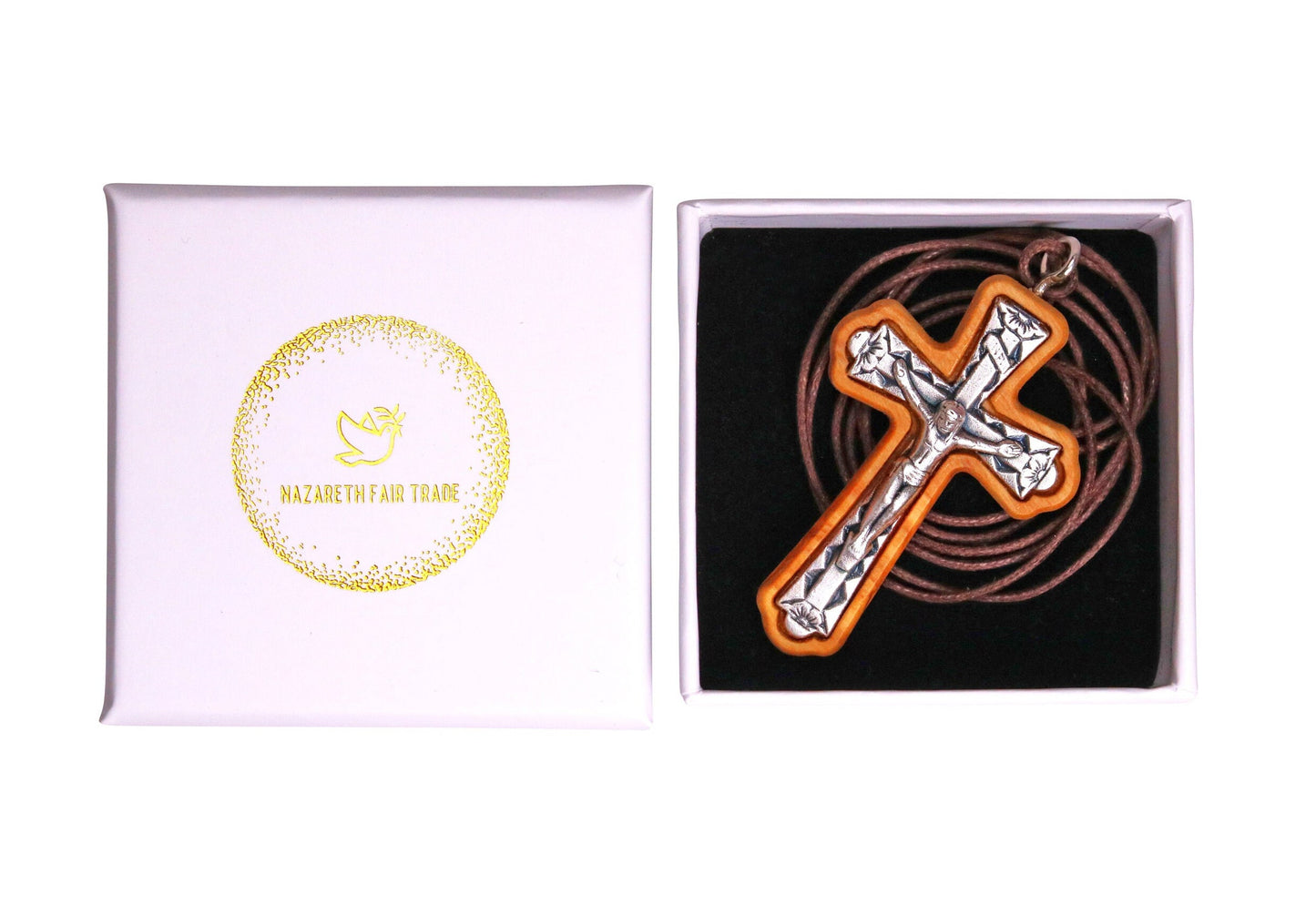 Flared Metal Crucifix in Olive Wood Frame Necklace in Gift Box