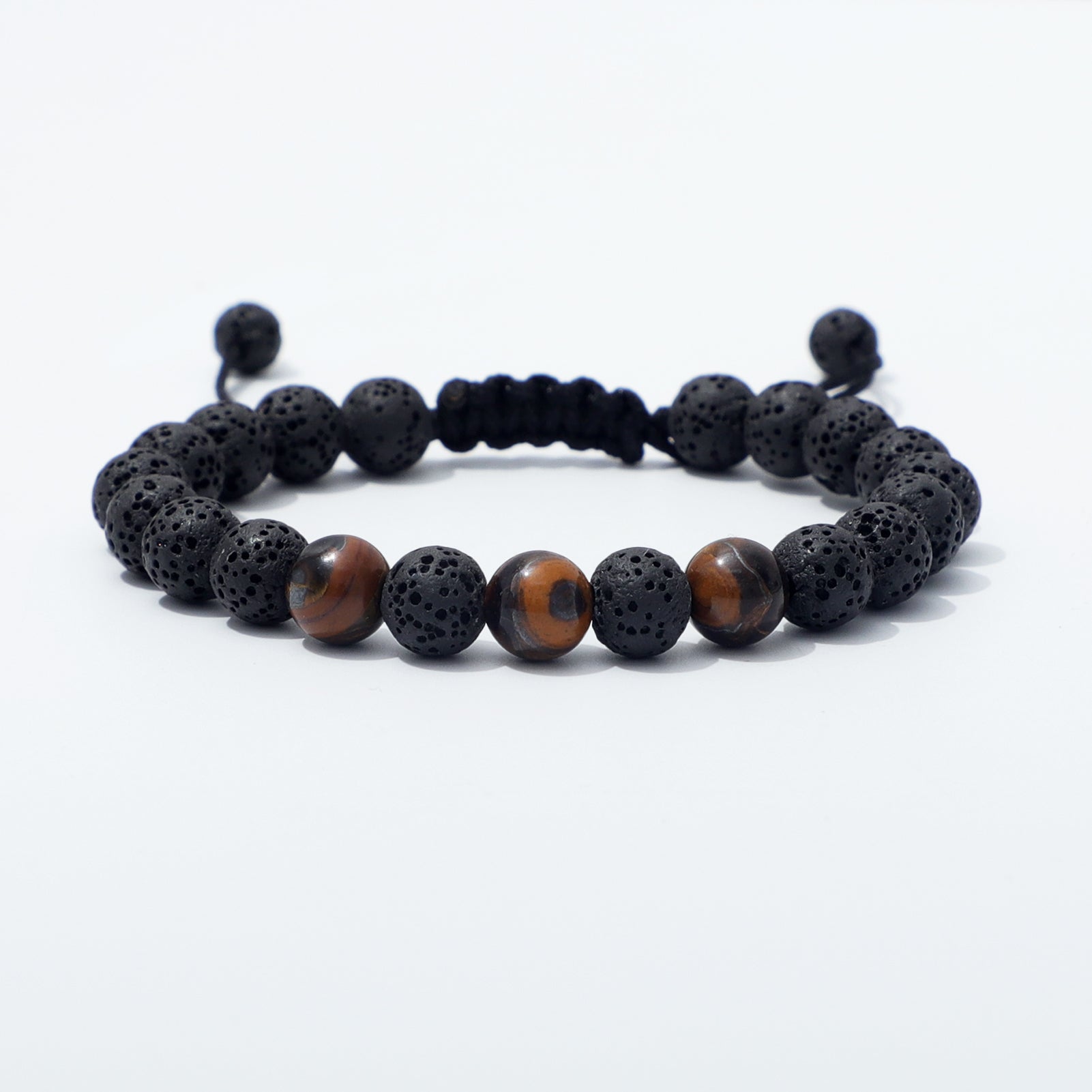 Front View of Adjustable Lava Stone and Tiger Eye Beaded Bracelet