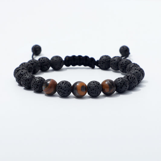 Front View of Adjustable Lava Stone and Tiger Eye Beaded Bracelet
