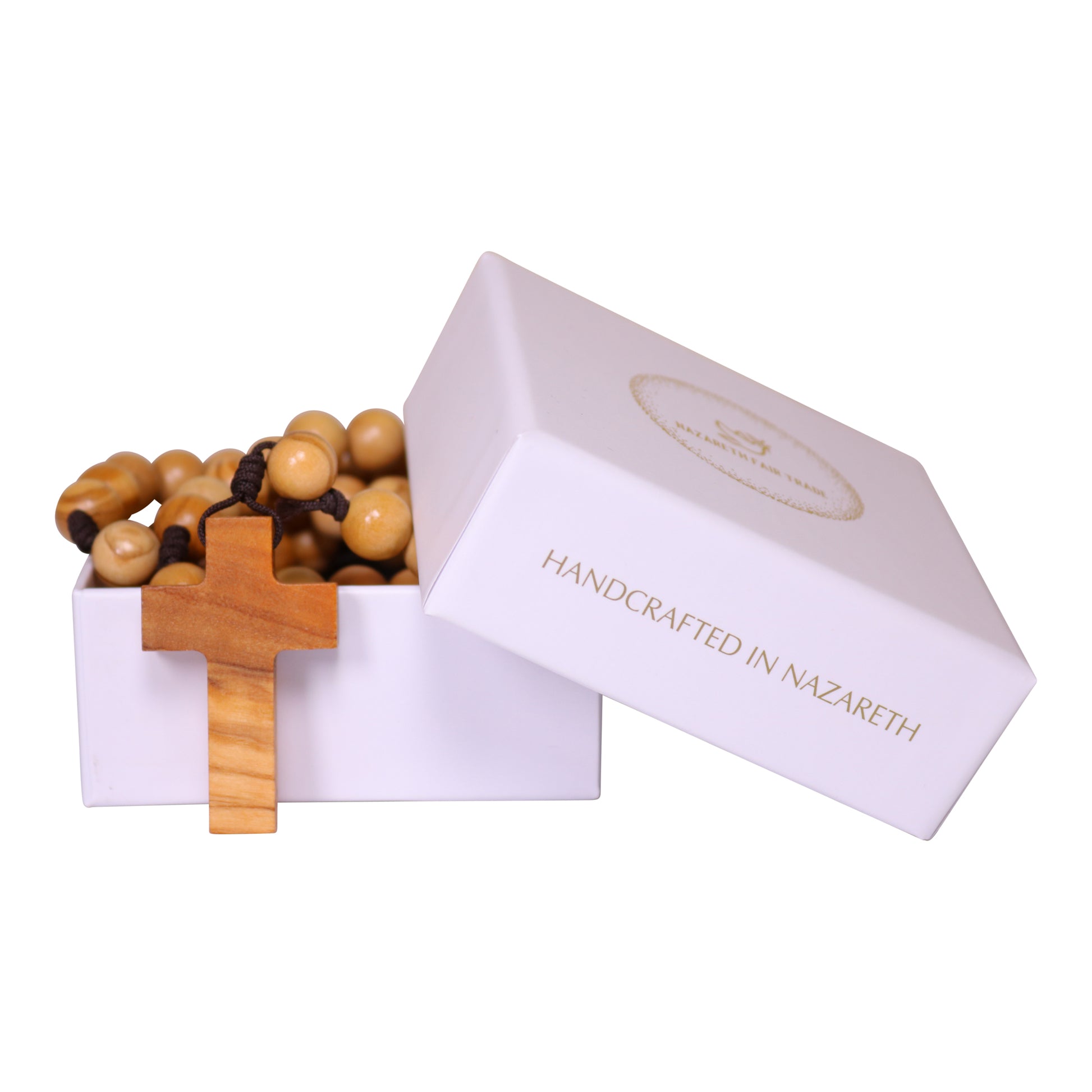 Galilee Olive Wood Rosary Necklace Outside Gift Box