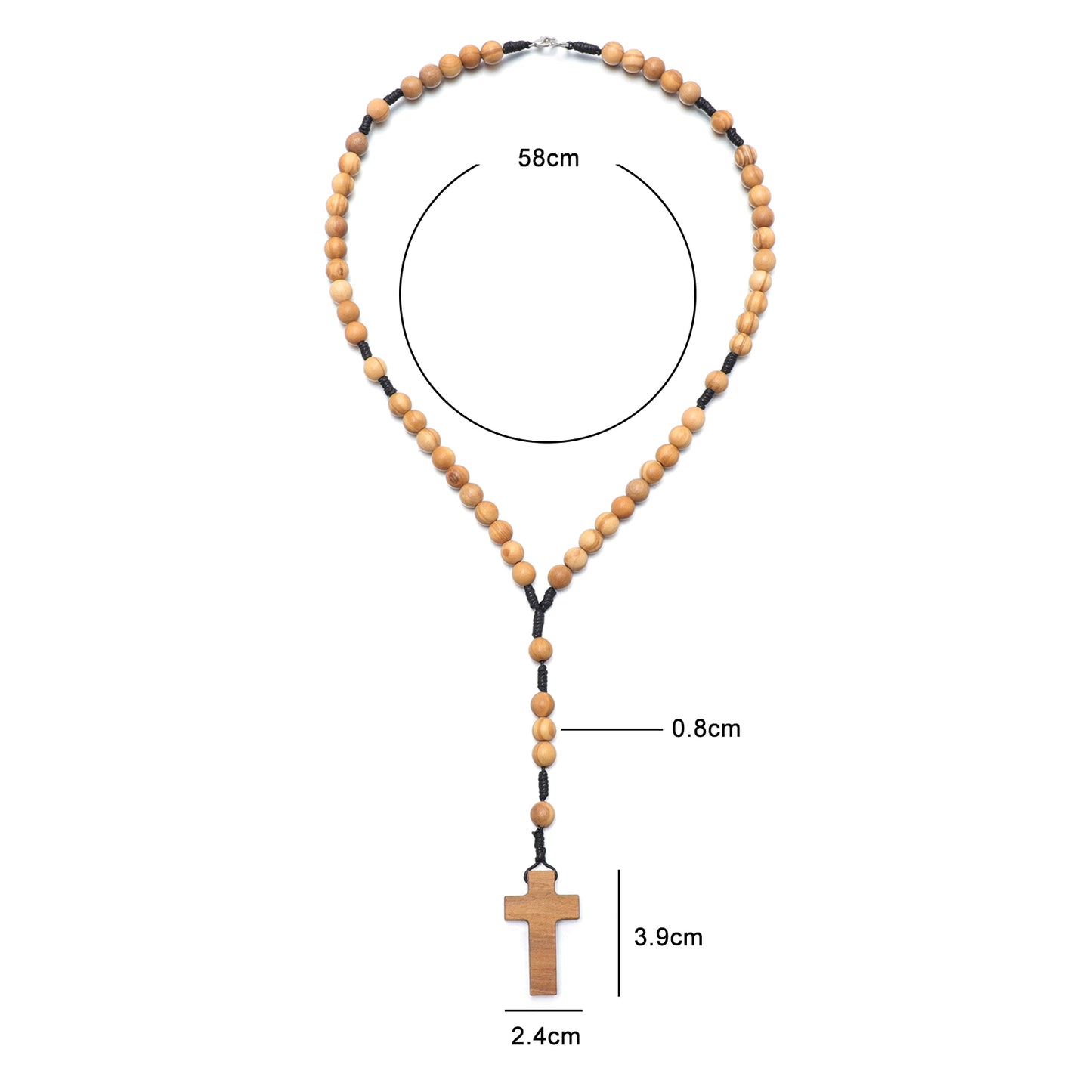Wooden rosary necklace with measurements on a white background