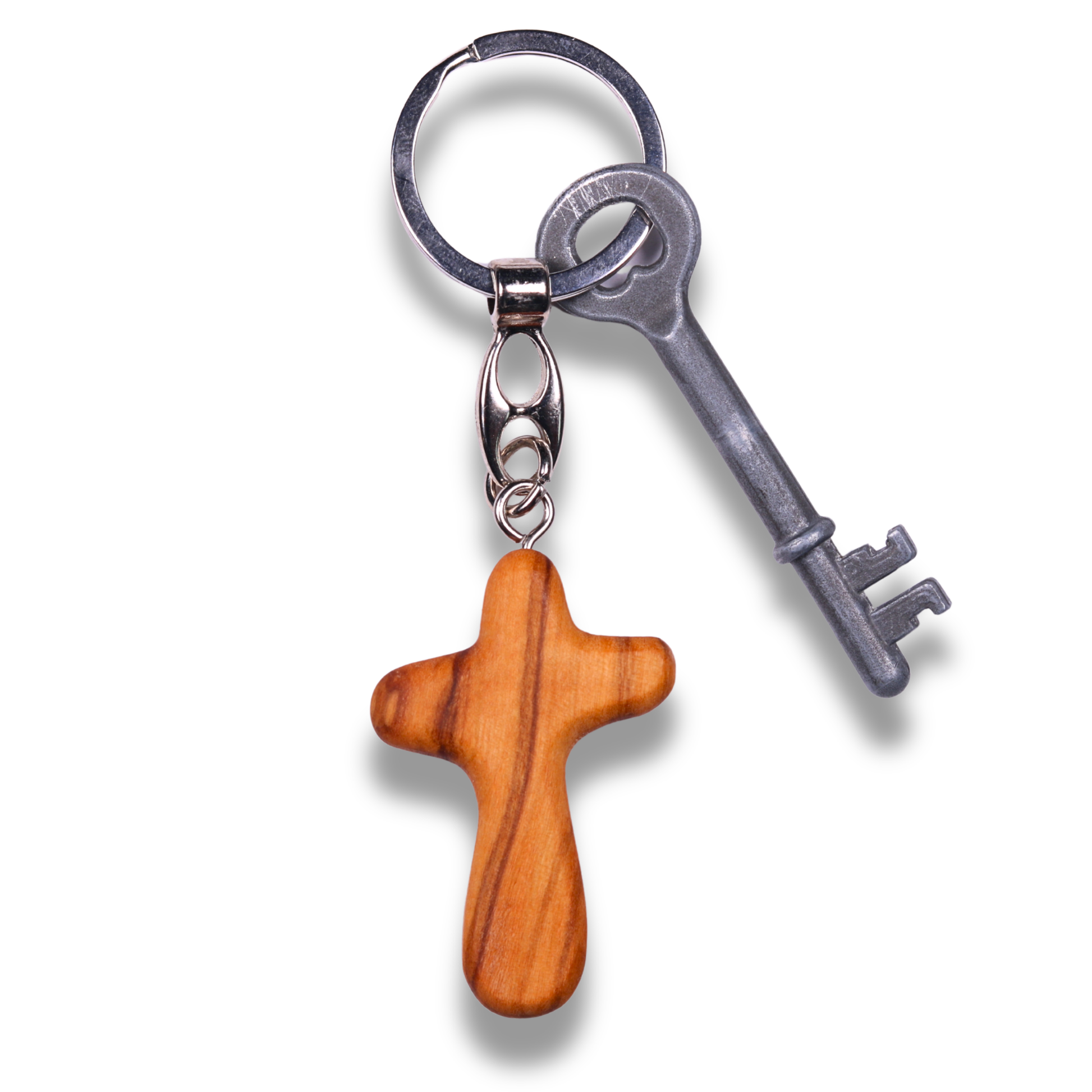 Harmonia Olive Wood Cross Keychain With Key
