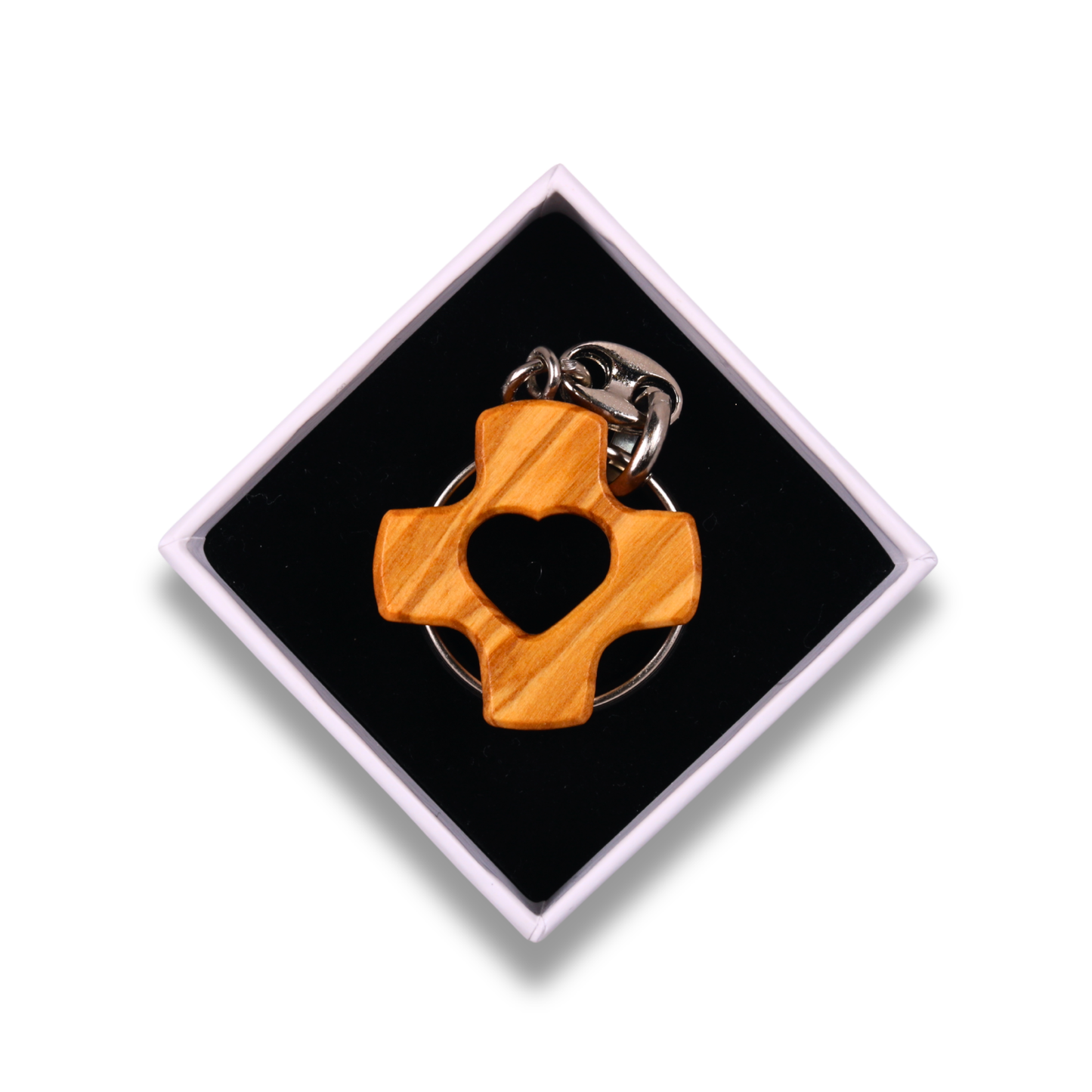 Heart Cross Olive Wood Keychain In Gift Box