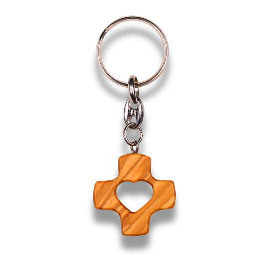 Heart Cross Olive Wood Keychain