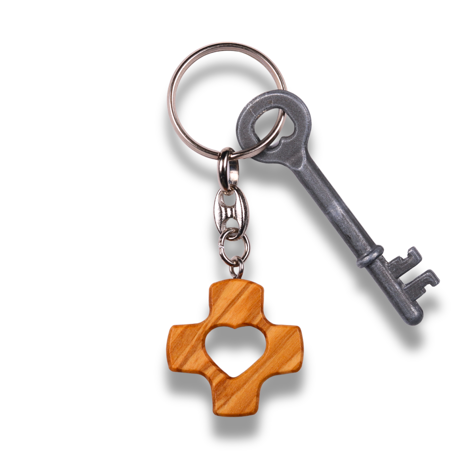 Heart Cross Olive Wood Keychain With Key