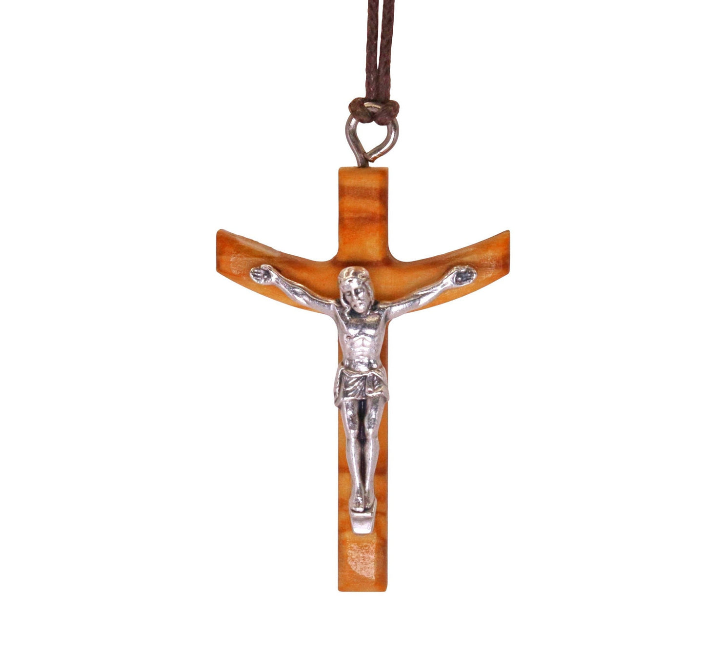 Heavenward Arc Olive Wood Crucifix Necklace Close Up