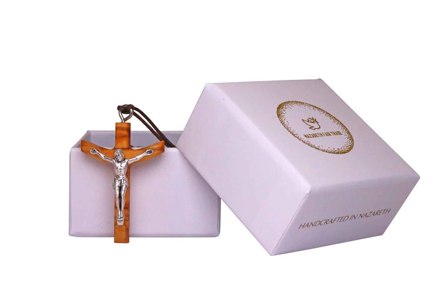 Heavenward Arc Olive Wood Crucifix Necklace Outside Gift Box