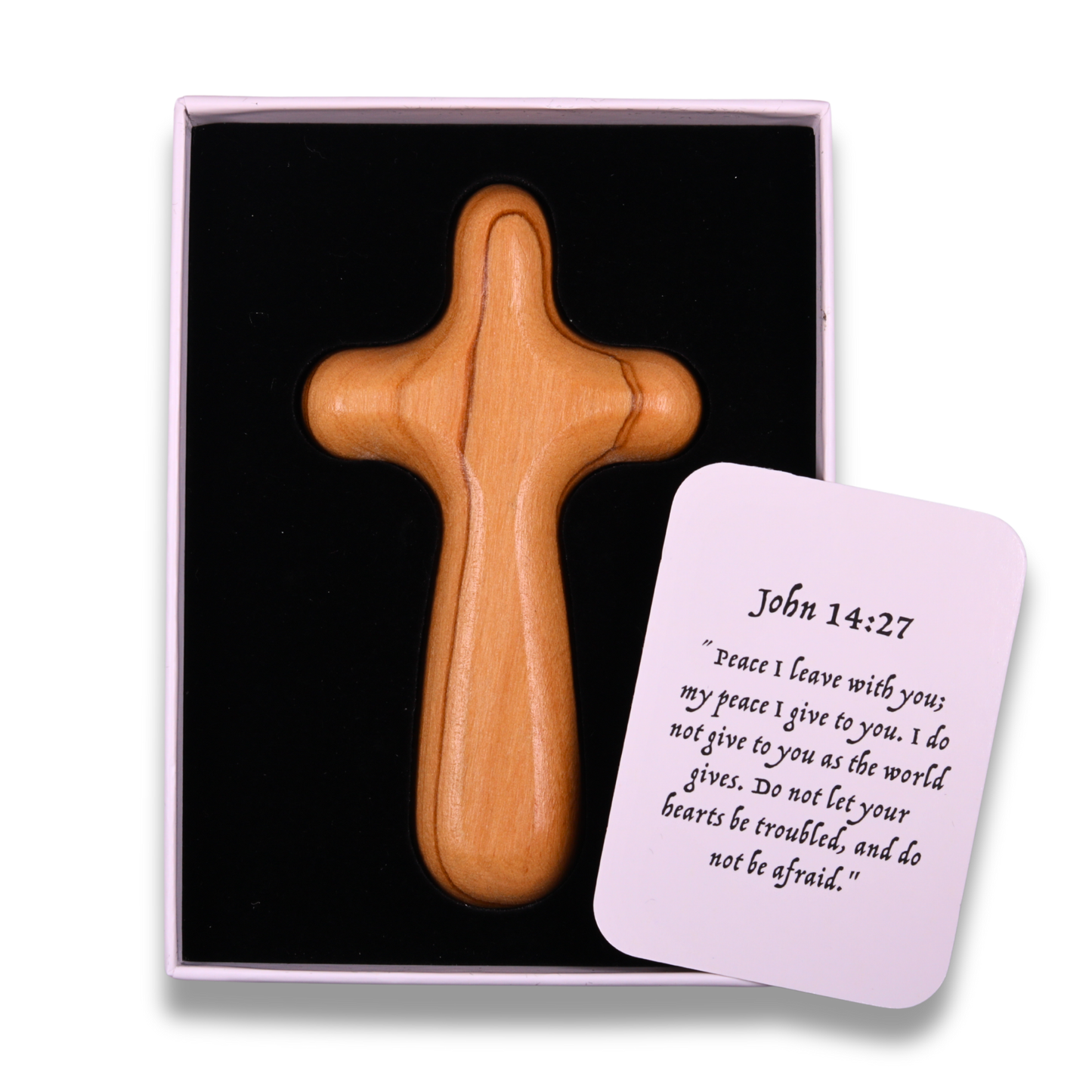 Olive wood holding cross on a white background