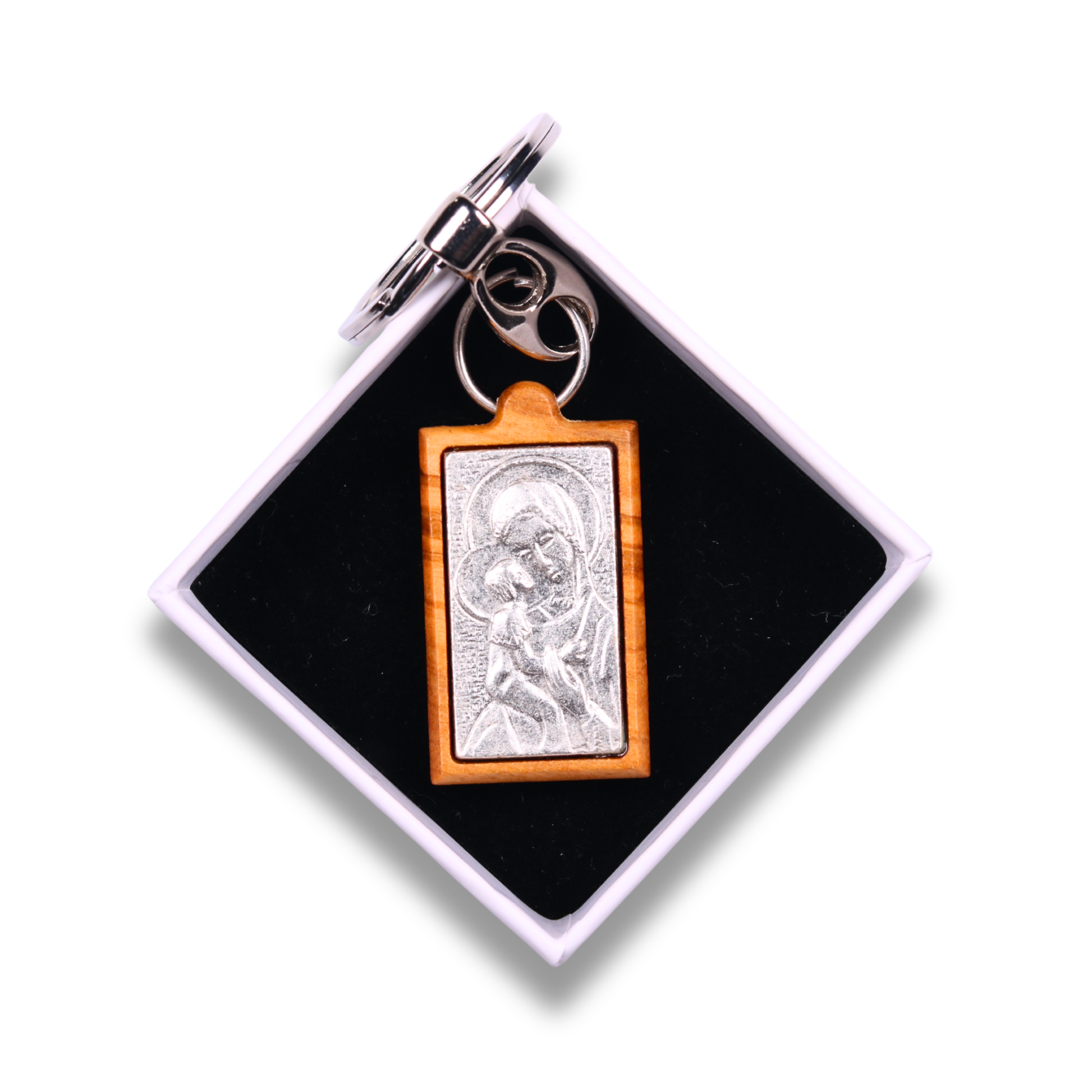 Holy Mother Olive Wood Keychain In Gift Box