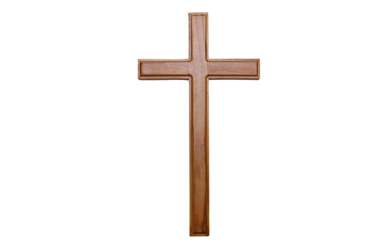A 'Sacred Roots' Olive Wood Cross, 12 cm tall and 7.5 cm wide, featuring a polished surface with a rich, natural wood grain. The cross is handcrafted by Christian families in the Holy Land, symbolizing deep spiritual heritage and skilled artisanship.