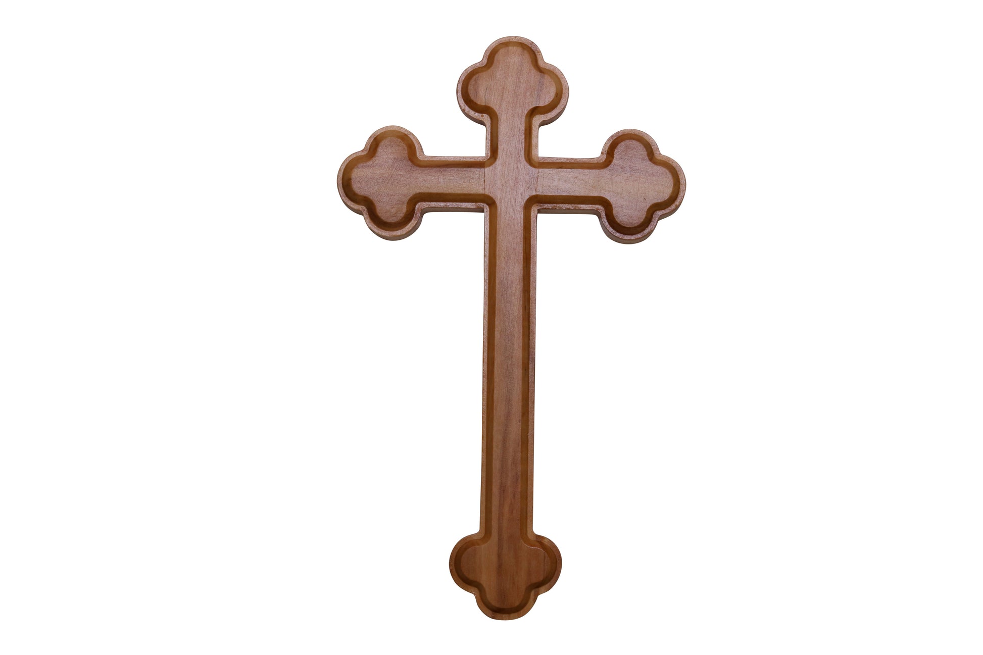 The 'Trinity Bloom' Olive Wood Cross, handcrafted in the Holy Land, featuring a smooth surface with a rich wood grain and distinctive clover-like ends on each arm, symbolizing the Holy Trinity. The cross has a prominent vertical beam and a shorter horizontal beam, with a subtle ridge outlining its classic shape.