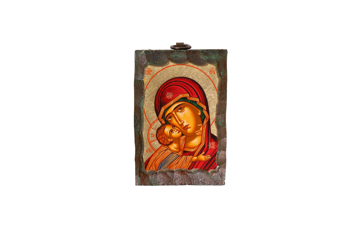An icon of the Virgin Mary in a red robe holding the child Jesus, with both figures haloed against a gold leaf background. Above them are two angels, and the icon is bordered by a dark, textured frame with a metal loop at the top for hanging.