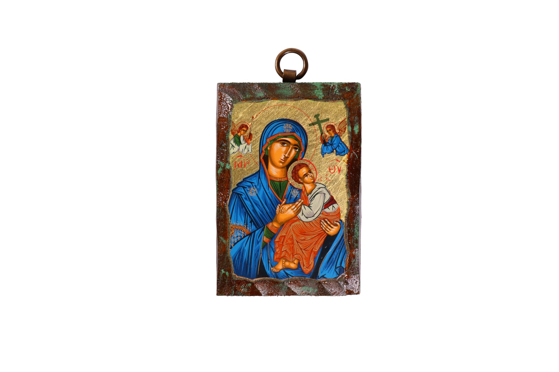 An icon of the Virgin Mary in a blue robe holding the child Jesus, with both figures haloed against a gold leaf background. Above them are two angels, and the icon is bordered by a dark, textured frame with a metal loop at the top for hanging.
