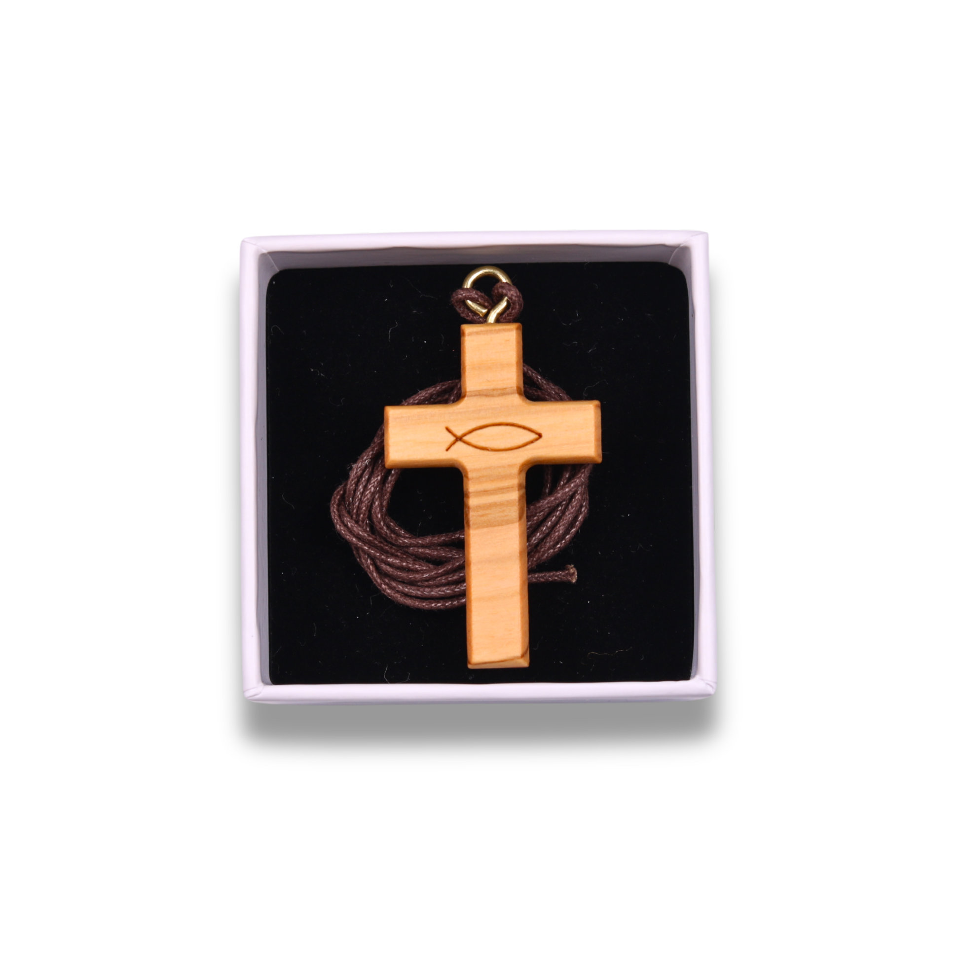 Ichthus Olive Wood Cross Necklace In Gift Box