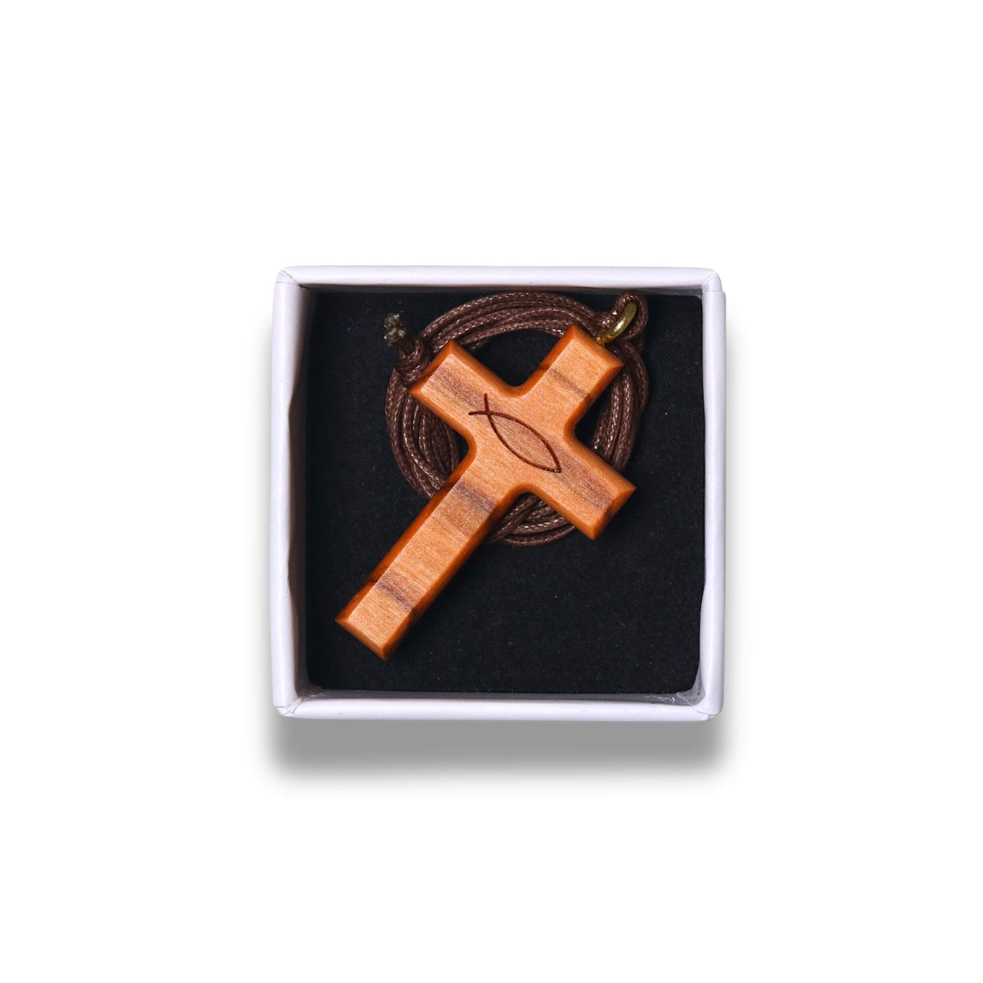Ichthus Olive Wood Cross Necklace In Gift Box