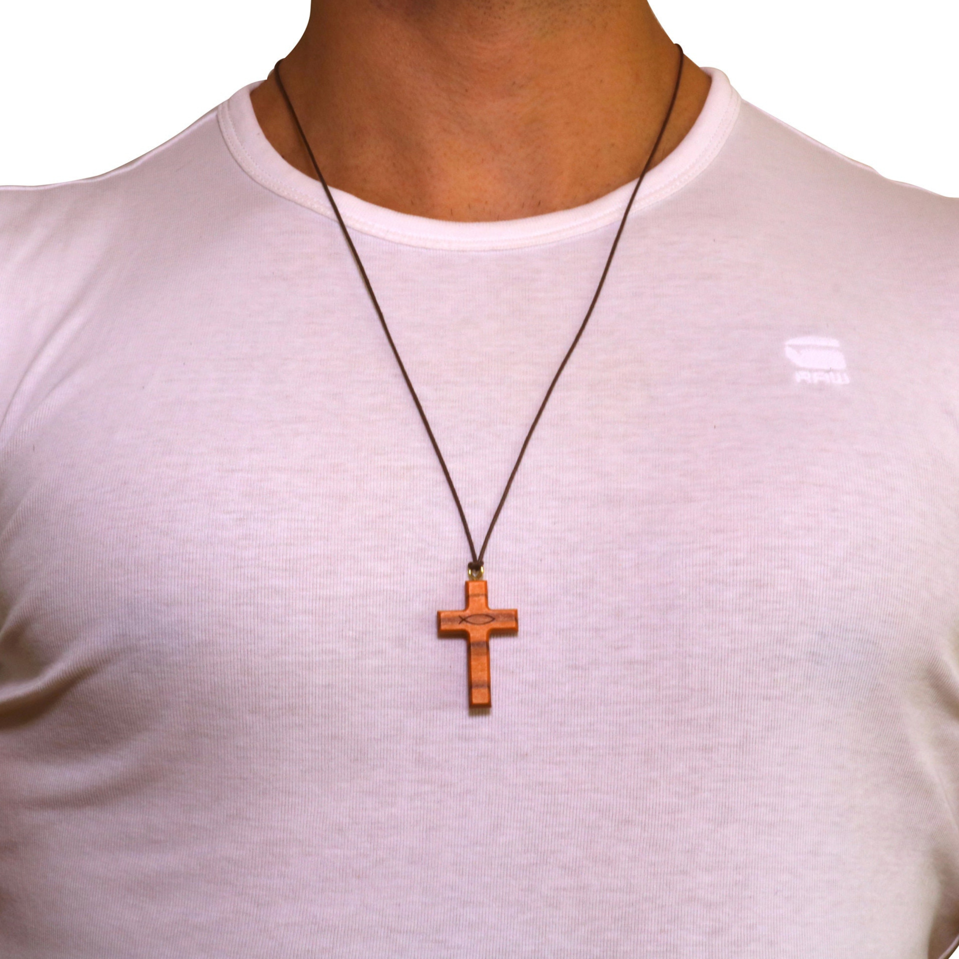 Ichthus Olive Wood Cross Necklace On Model